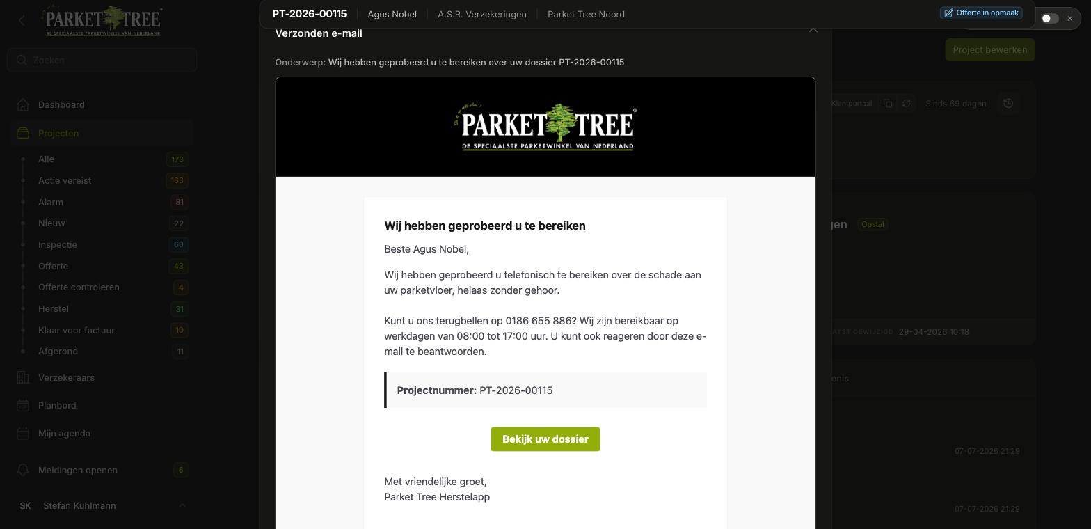 Venster Verzonden e-mail met onderwerp en de volledig opgemaakte mailinhoud.