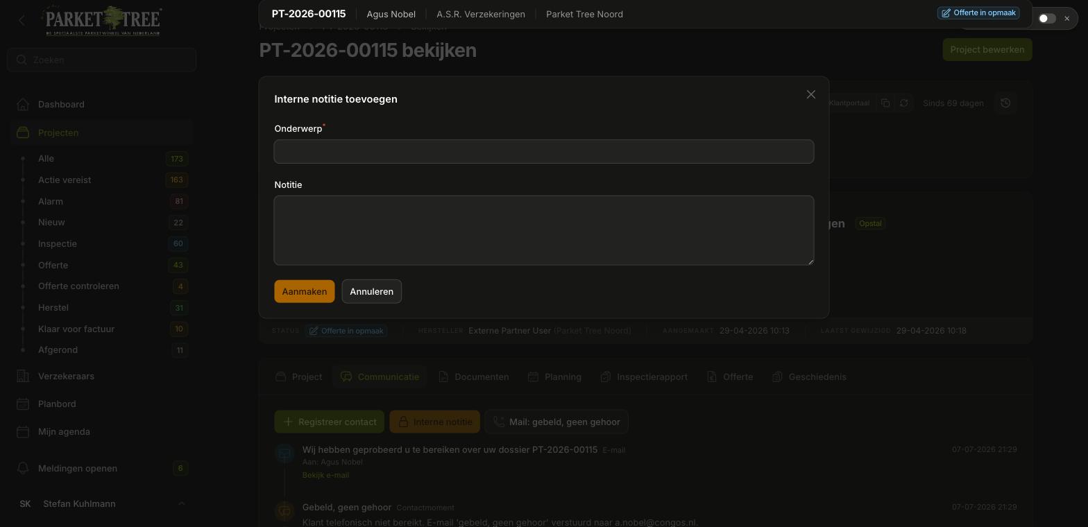 Invulvenster Interne notitie toevoegen.
